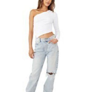 Free People One sholder Top/ Asymetrical Hem, White Texture Fabric XL (N…